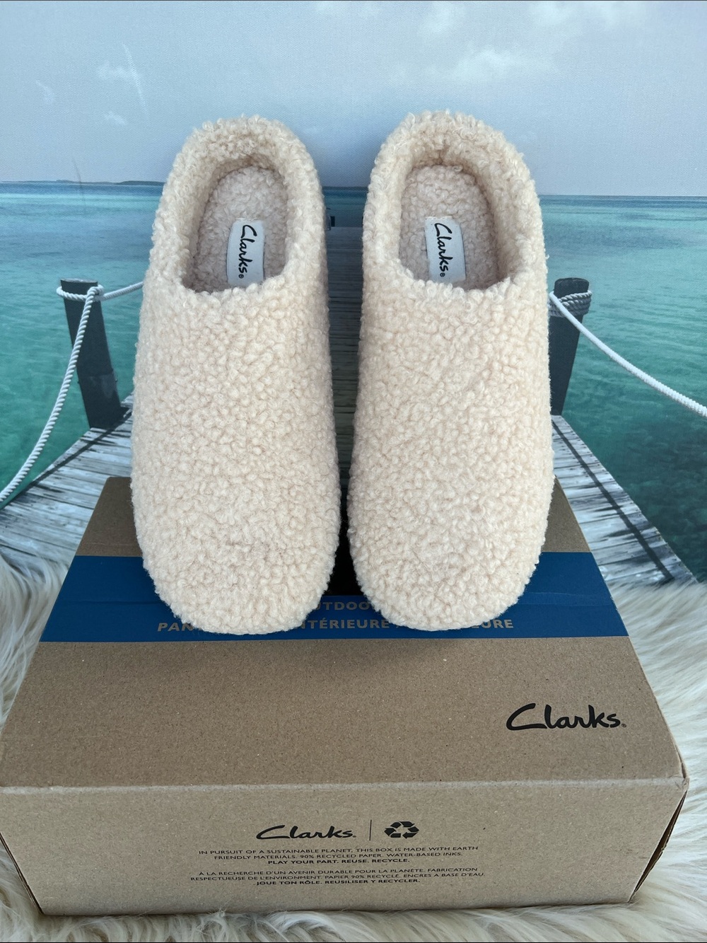 Clarks Women's Cream Cozy Sherpa Slip-Ons